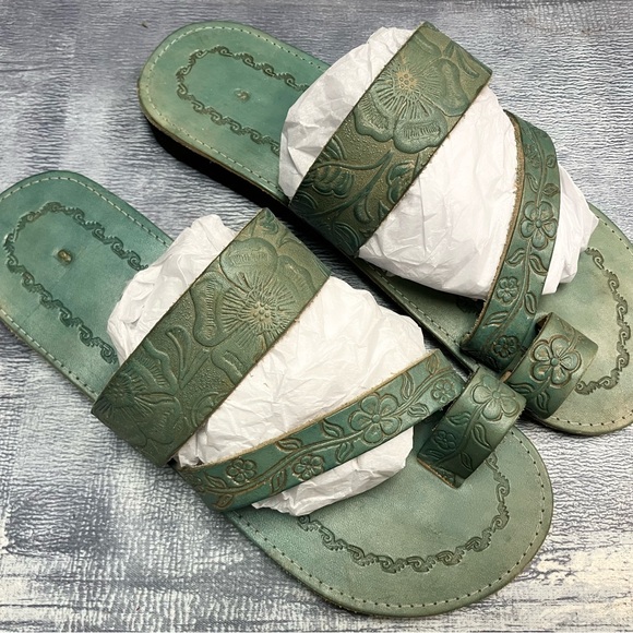 Shoes - Green Boho Floral Embossed Leather Slide Sandals